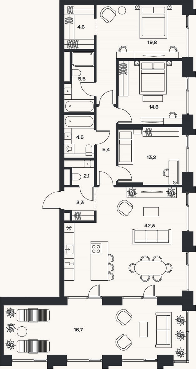 Планировка: 4+ к, 120,5 м²