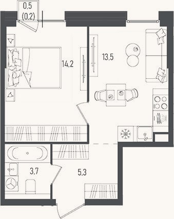 Планировка: 1-к, 36,7 м²