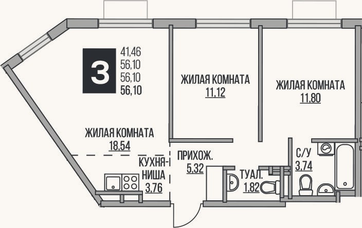 Планировка: 3-к, 56,1 м²