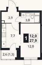 Планировка: Студия, 26,6 м²