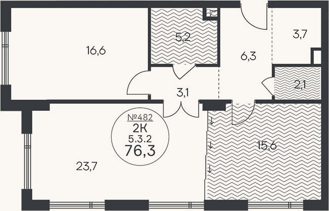 Планировка: 2-к, 76,3 м²