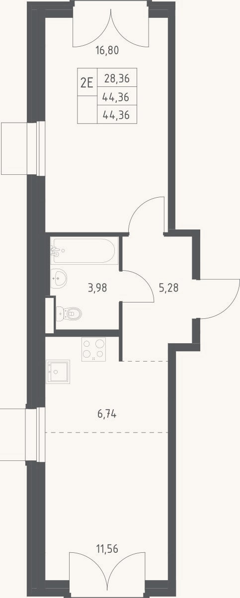 Планировка: 2-к, 44,4 м²