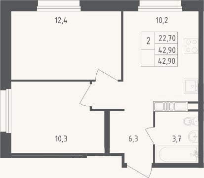 Планировка: 2-к, 42,9 м²