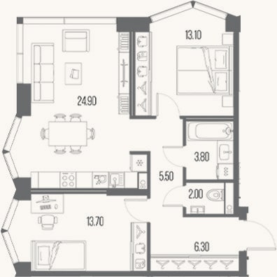 Планировка: 2-к, 69,4 м²