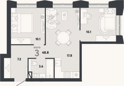 Планировка: 3-к, 48,8 м²