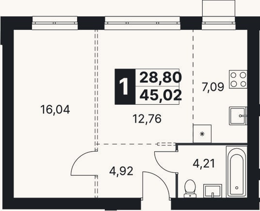 Планировка: 2-к, 45 м²