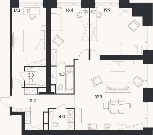 Планировка: 4+ к, 113,7 м²