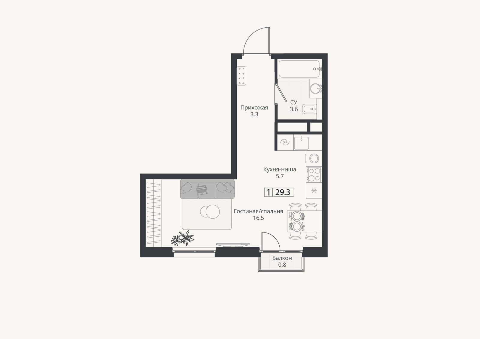 Планировка: Студия, 29,1 м²