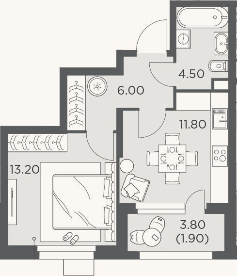 Планировка: 1-к, 34 м²