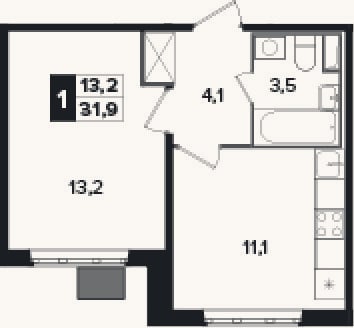 Планировка: 1-к, 31,9 м²
