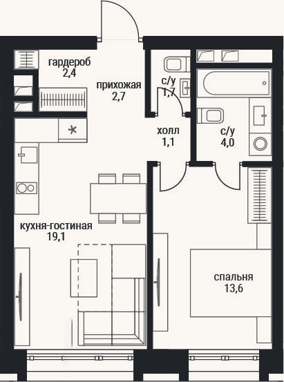 Планировка: 2-к, 44,6 м²