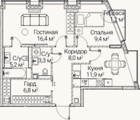 Планировка: 2-к, 61 м²