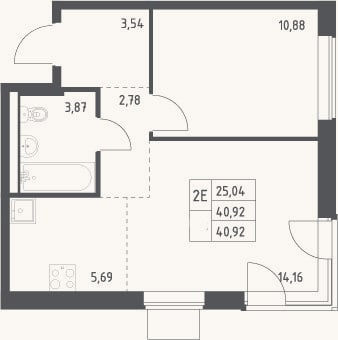 Планировка: 2-к, 40,9 м²