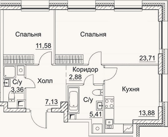 Планировка: 2-к, 68 м²