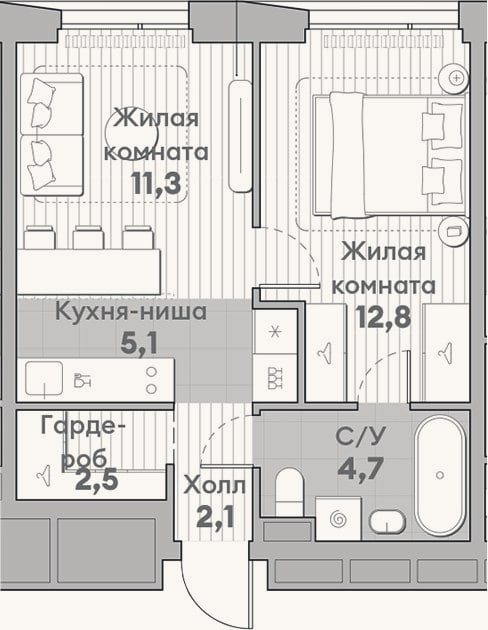 Планировка: 2-к, 38,5 м²