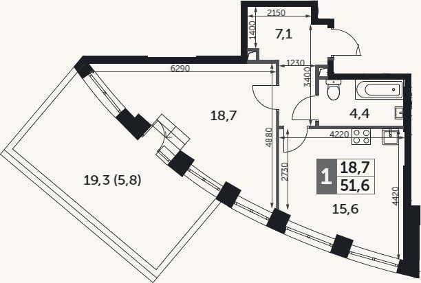 Планировка: 1-к, 45,8 м²
