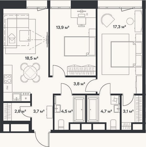 Планировка: 3-к, 72,3 м²