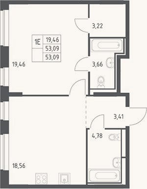 Планировка: 2-к, 53,1 м²