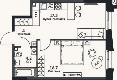 Планировка: 2-к, 42,2 м²