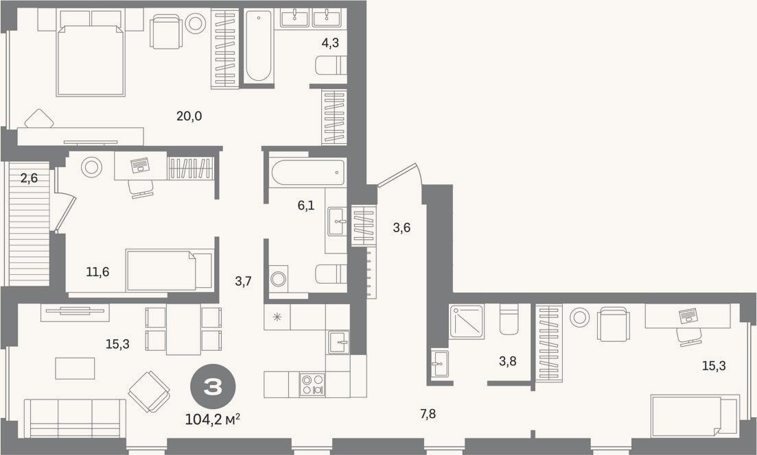 Планировка: 3-к, 101,6 м²