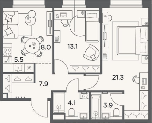 Планировка: 3-к, 63,8 м²