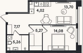 Планировка: 2-к, 49,5 м²