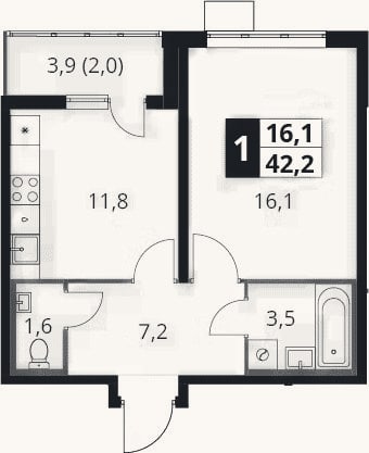 Планировка: 1-к, 40,2 м²