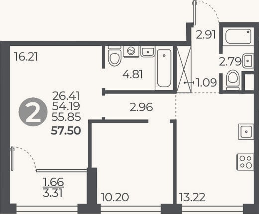 Планировка: 2-к, 54,2 м²