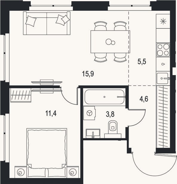 Планировка: 2-к, 41,2 м²