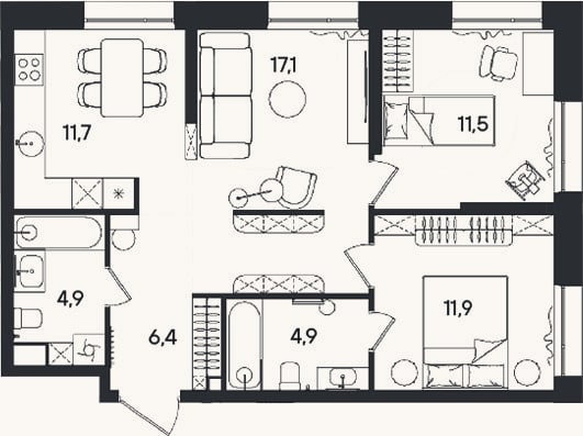 Планировка: 3-к, 68,4 м²