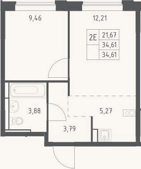 Планировка: 2-к, 34,6 м²