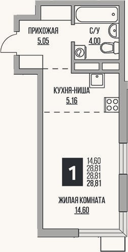 Планировка: Студия, 28,8 м²