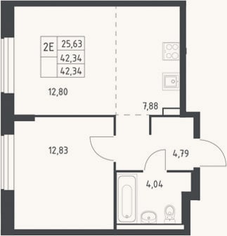 Планировка: 2-к, 42,3 м²