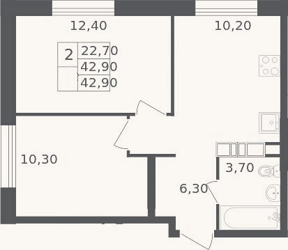 Планировка: 2-к, 42,9 м²