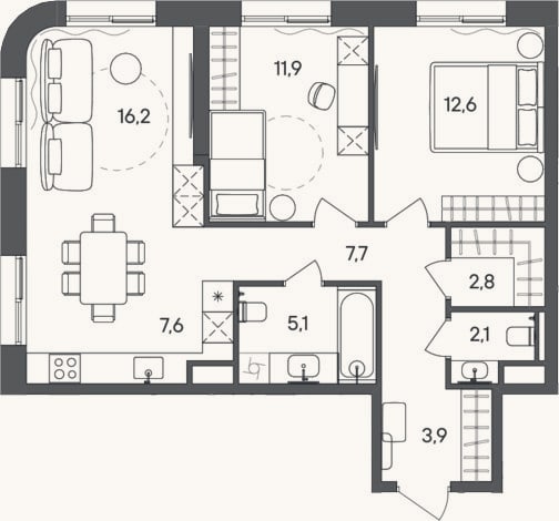 Планировка: 3-к, 69,9 м²