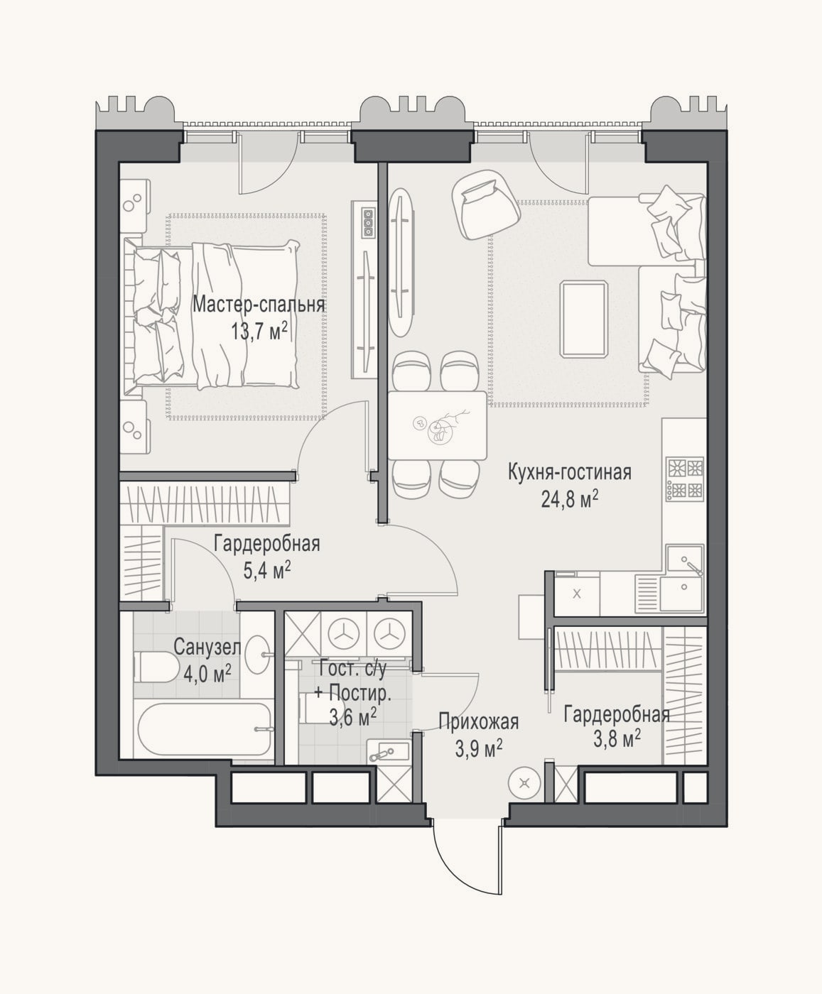 Планировка: 2-к, 59,3 м²