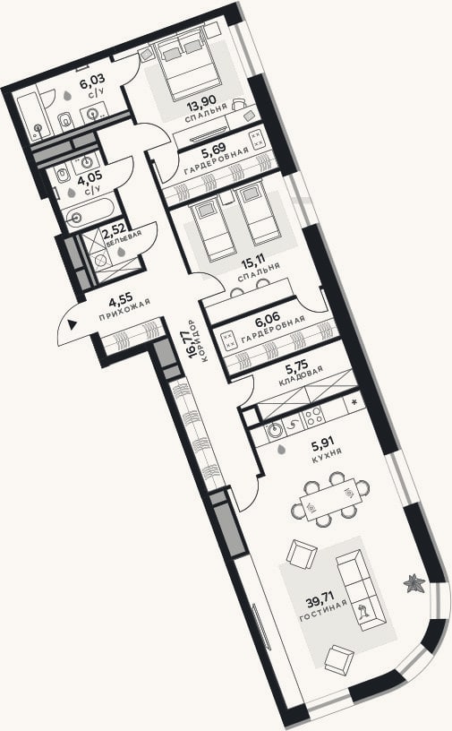 Планировка: 3-к, 126,1 м²