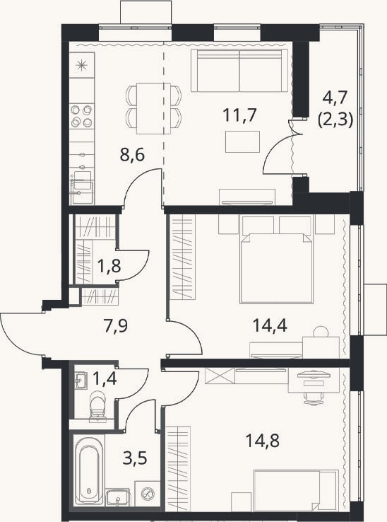Планировка: 3-к, 64,1 м²