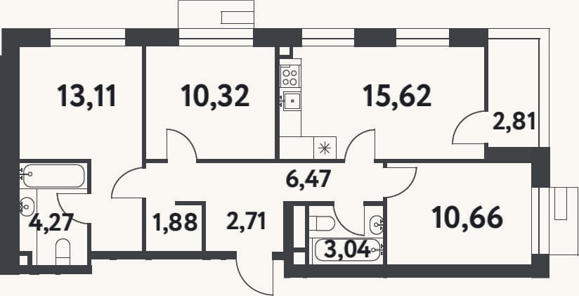 Планировка: 3-к, 68,1 м²