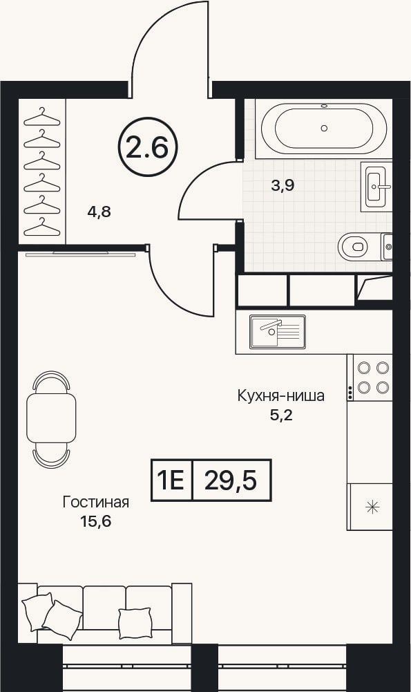 Планировка: Студия, 29,5 м²