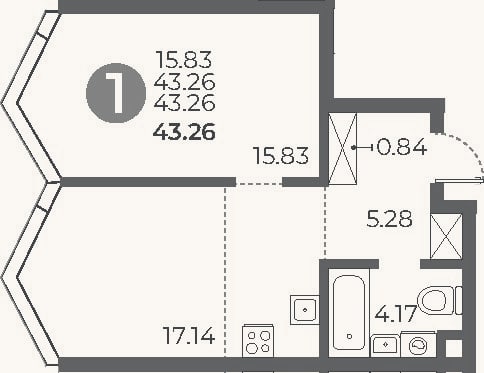 Планировка: 1-к, 43,3 м²