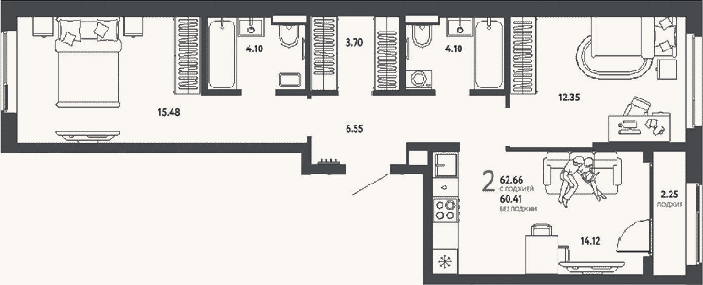 Планировка: 2-к, 60,4 м²