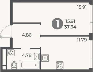 Планировка: 1-к, 37,3 м²
