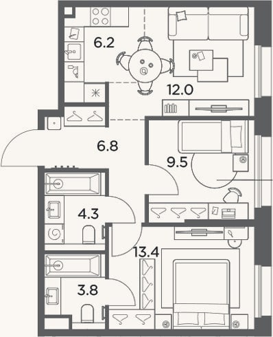 Планировка: 3-к, 56 м²