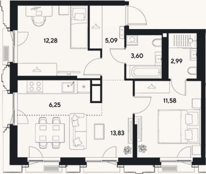 Планировка: 3-к, 55,6 м²