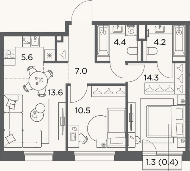 Планировка: 3-к, 59,6 м²