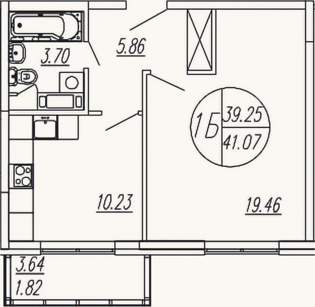 Планировка: 1-к, 39,3 м²