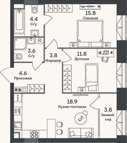 Планировка: 3-к, 62,9 м²