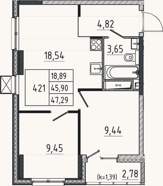 Планировка: 3-к, 45,9 м²