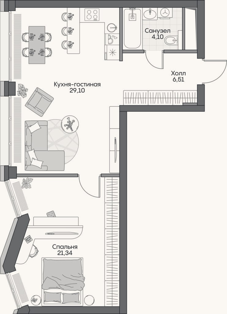 Планировка: 2-к, 58,8 м²